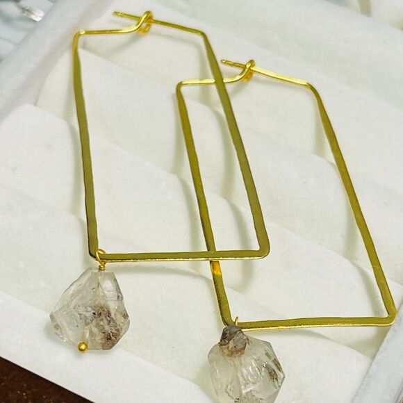 brass rectangle earrings w/ raw stone/crystal - Picture 4 of 11